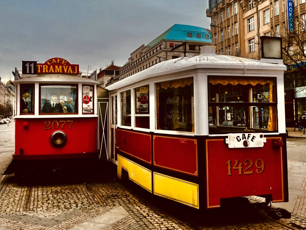 Historic tram turned into a coffee shop in Prague.