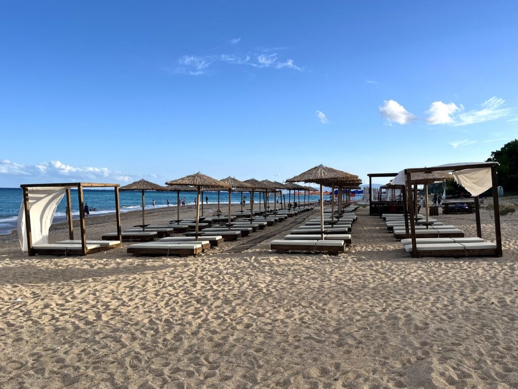 Beach chairs at the Skala beach in Kefalonia, Greece