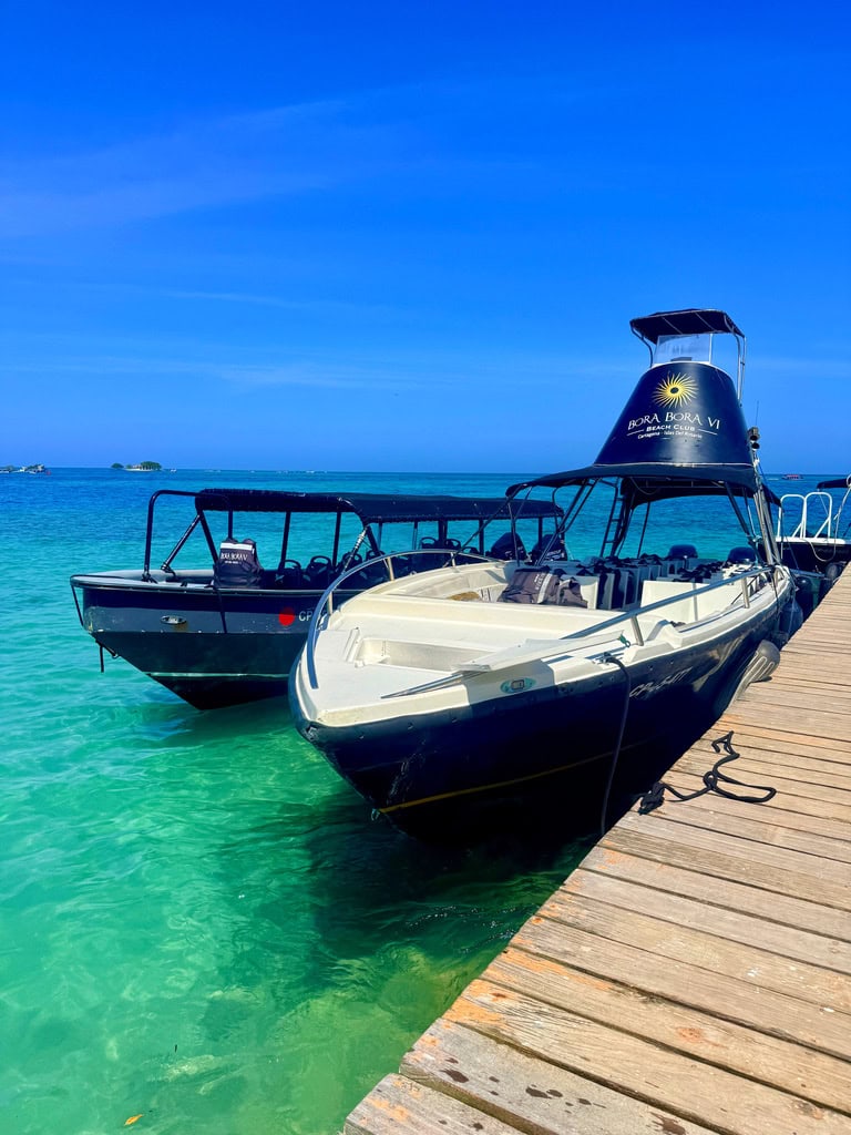 Boat parked at a jetty, Rosario Islands, Colombia